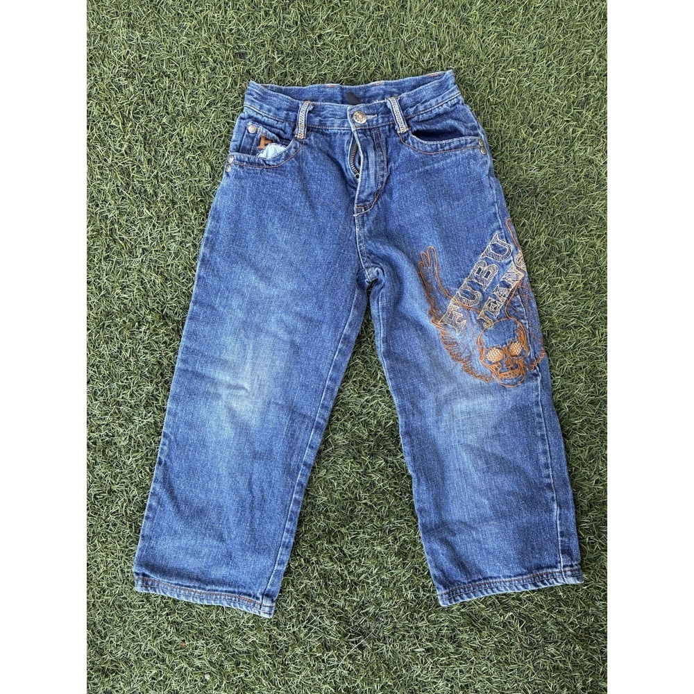 FUBU Denim Jean  Blue Gold The Collection Embroidered Skull Design Size 5‎